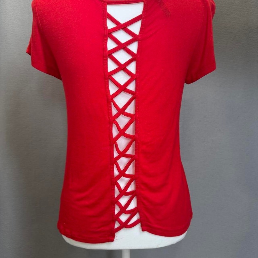 Splash Red Criss Cross Open Back Short Sleeve Pocket Tee Size Medium